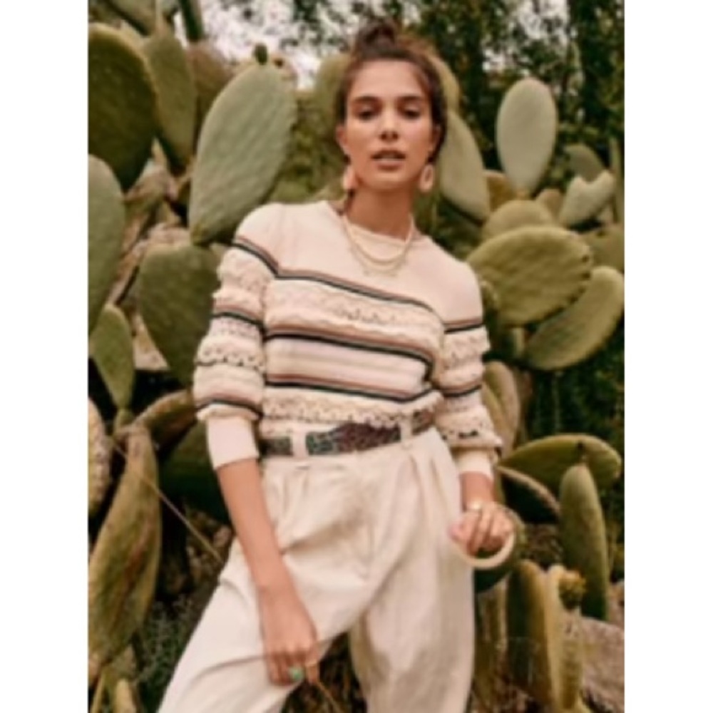 Sezane Cream and Black Striped Crew Neck Sweater